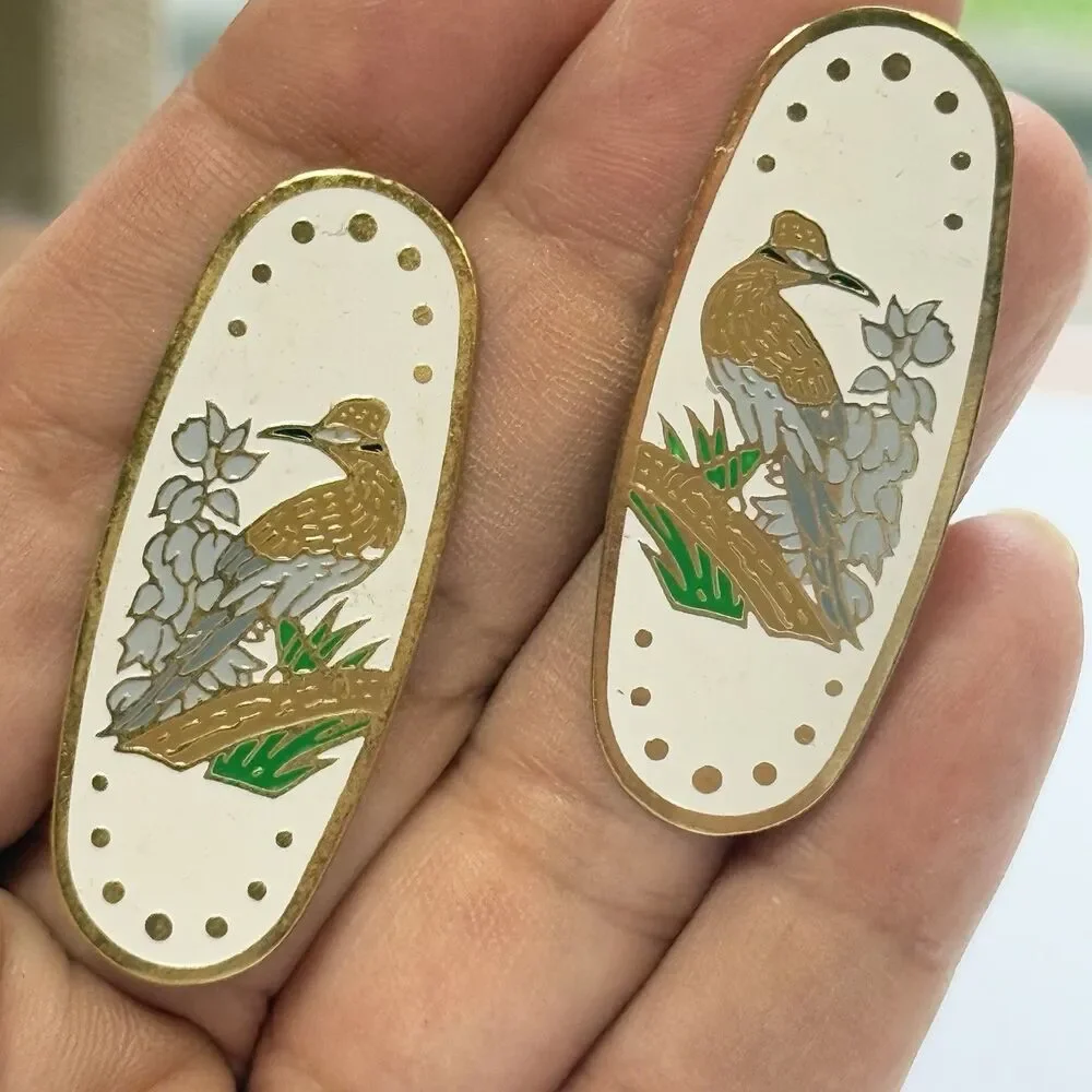 Genuine Cloisonné Oblong Lightweight Metal Floral Bird Stud Earrings New